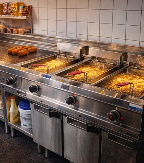 Professionele frituurinstallatie in een kantinekeuken