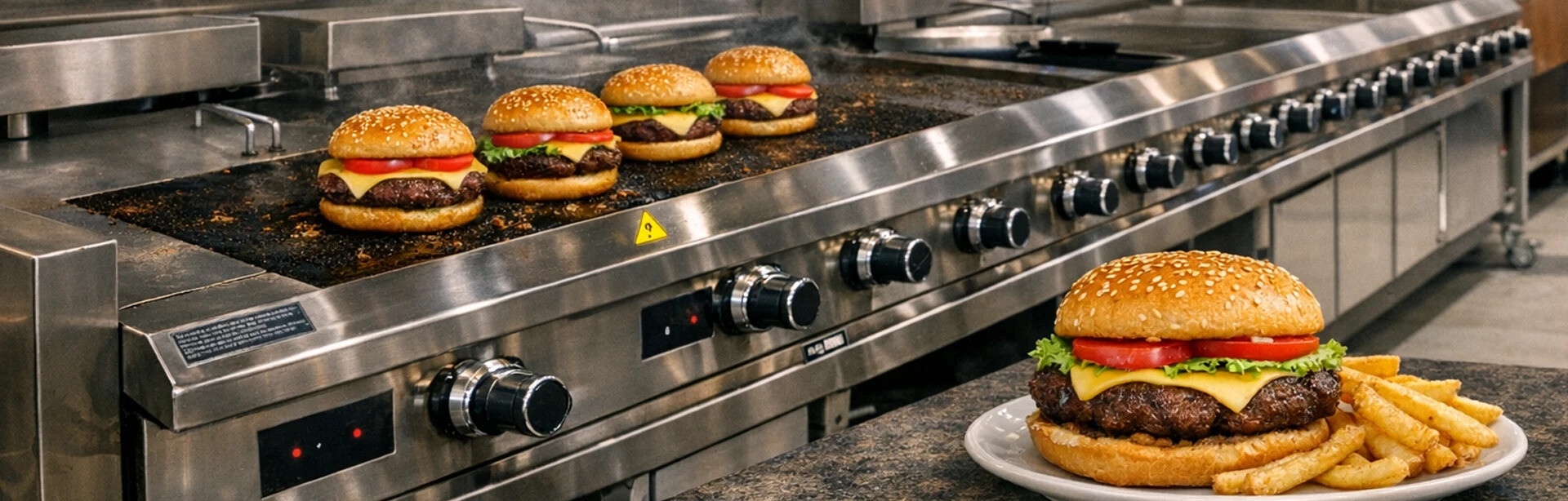 Hamburgers op een professionele bakplaat in een snackbar